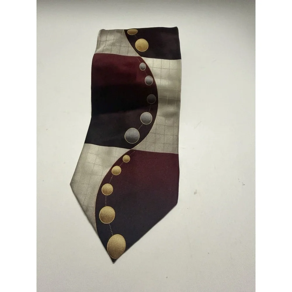 Giorgio Brutini Silk Tie Burgundy Black Silver Gold Geometric Circles Abstract